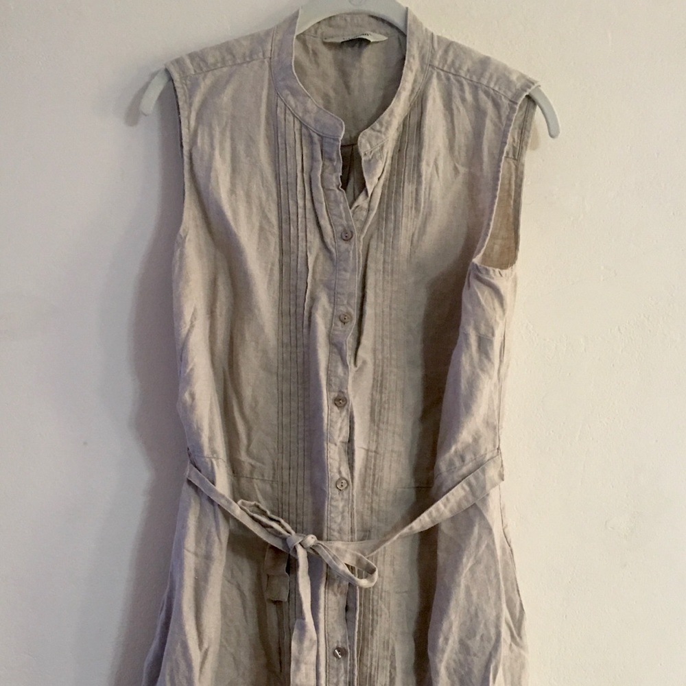 LL Bean Linen Sleeveless Button Dress Pockets 16